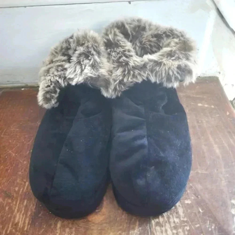 Vibrating Massage Black Bootie Slippers Faux Fur trim sz Large